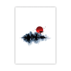 Poster - Die rote Sonnenscheibe über dem japanischen Torii-Tor - 50x70cm - Japanische Sicht - Moderne Wanddekoration für Wohnzimmer und Schlafzimmer ARTTOR