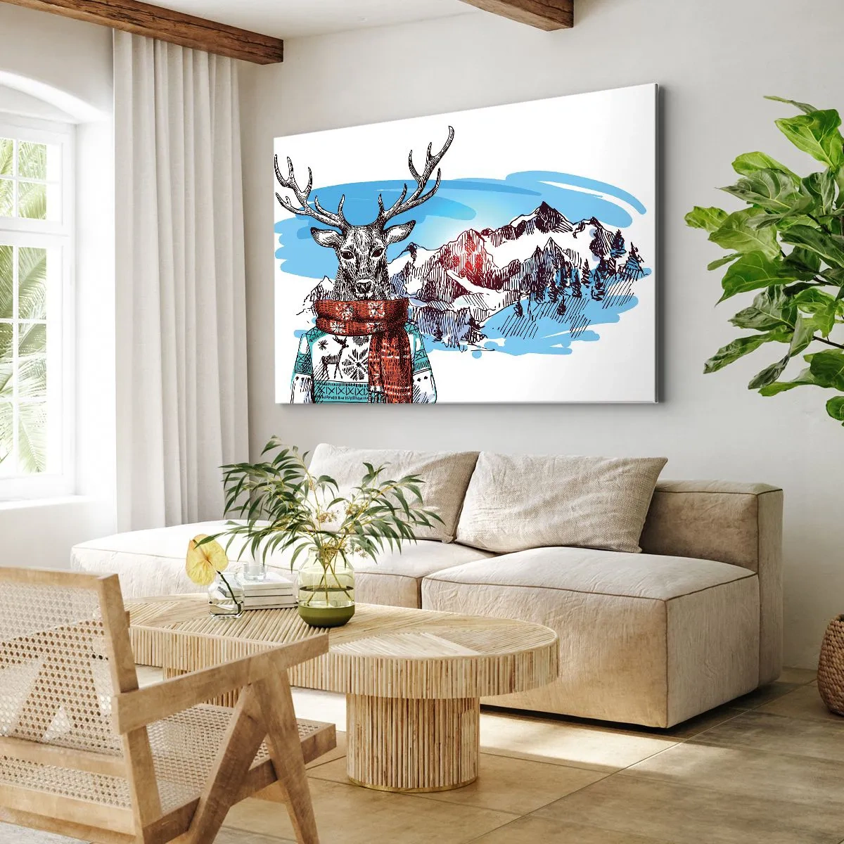 Bild auf Leinwand - Leinwandbild - Ein Hirsch im Winterpullover vor einer Berglandschaft - 100x70cm - Auch ein Reh friert nicht - Moderne Wanddekoration für Wohnzimmer und Schlafzimmer ARTTOR