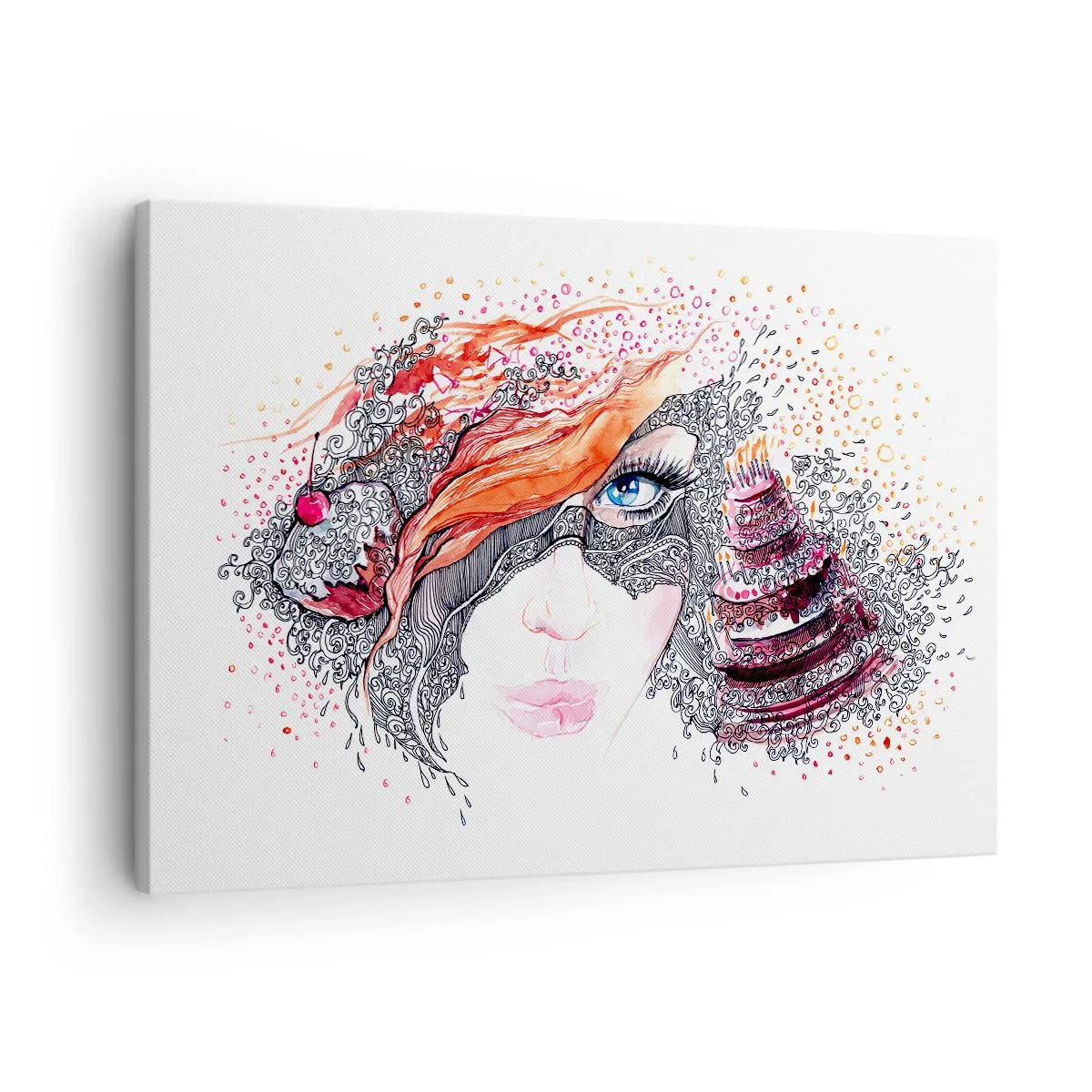Bild auf Leinwand - Leinwandbild - Künstlerisches Frauenporträt mit Details und rotem Akzent - 70x50cm - Bei ihr ist jeden Tag Feiertag - Moderne Wanddekoration für Wohnzimmer und Schlafzimmer ARTTOR