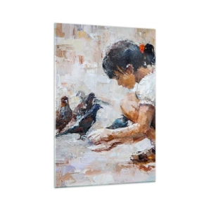 Glasbild - Bild auf glas - Ein Mädchen, das Vögel in einem malerischen Stil füttert - 70x100cm - Die Kleinen und die Schönsten - Moderne Wanddekoration für Wohnzimmer und Schlafzimmer ARTTOR