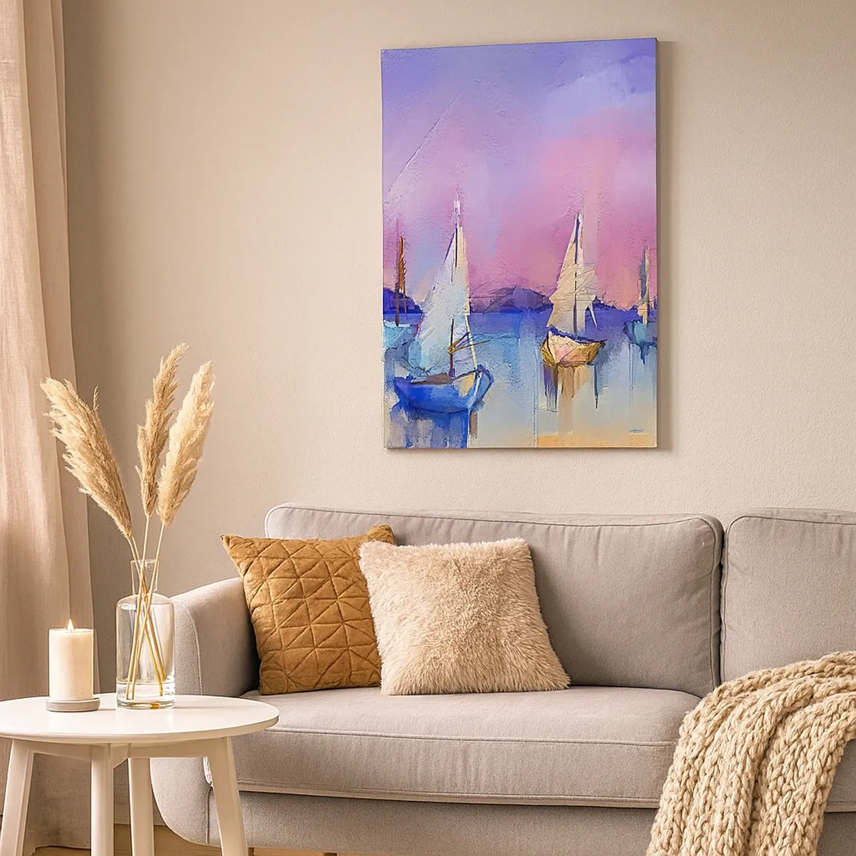 Bild auf Leinwand - Leinwandbild - Segelboote auf ruhigem Meer in den Pastellfarben des Sonnenuntergangs - 50x70cm - Richtung: breites Wasser - Moderne Wanddekoration für Wohnzimmer und Schlafzimmer ARTTOR