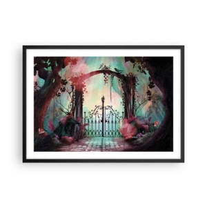 Poster in einem schwarzem Rahmen - Ein magischer Eingang mit einem schmiedeeisernen Tor, umgeben von geheimnisvoller Vegetation - 70x50cm - Geheimer Garten - Moderne Wanddekoration für Wohnzimmer und Schlafzimmer ARTTOR