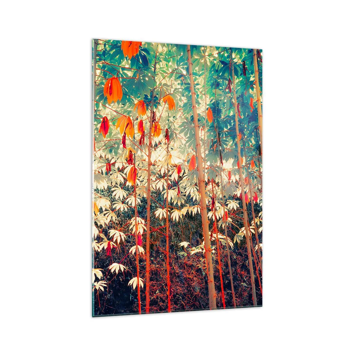 Glasbild - Bild auf glas - Ein bunter Bambuswald mit intensiven Farben - 70x100cm - Das geheime Leben der Blätter - Moderne Wanddekoration für Wohnzimmer und Schlafzimmer ARTTOR