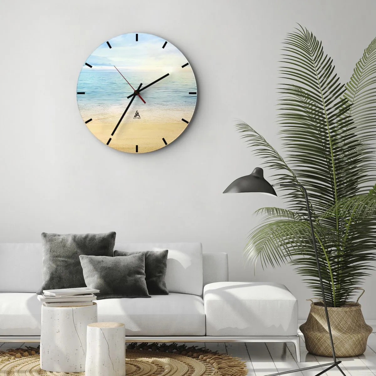 Wanduhr - Glasuhr - Ein ruhiger Strand mit azurblauem Meer und klarem Himmel - 30x30cm - Großes Blau - Moderne Wanddekoration für Wohnzimmer, Küche und Schlafzimmer ARTTOR