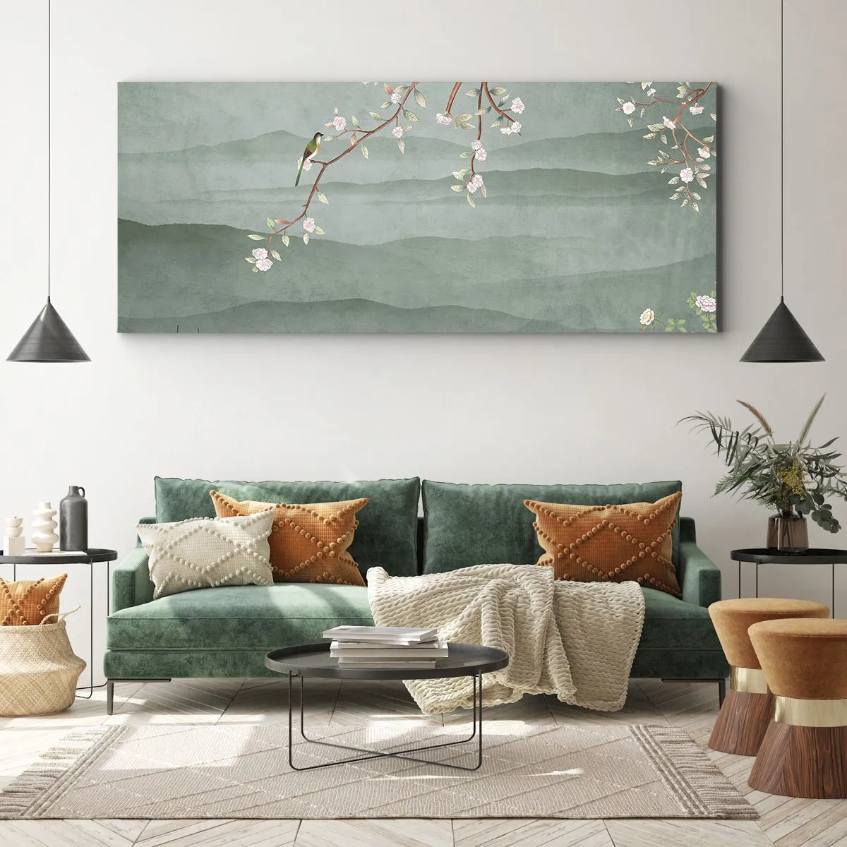 Bild auf Leinwand - Leinwandbild - Ein malerisches Bild eines blühenden Baumzweigs mit Vögeln vor dem Hintergrund grüner Hügel. - 120x50cm - Frühling, oh, du bist es - Moderne Wanddekoration für Wohnzimmer und Schlafzimmer ARTTOR