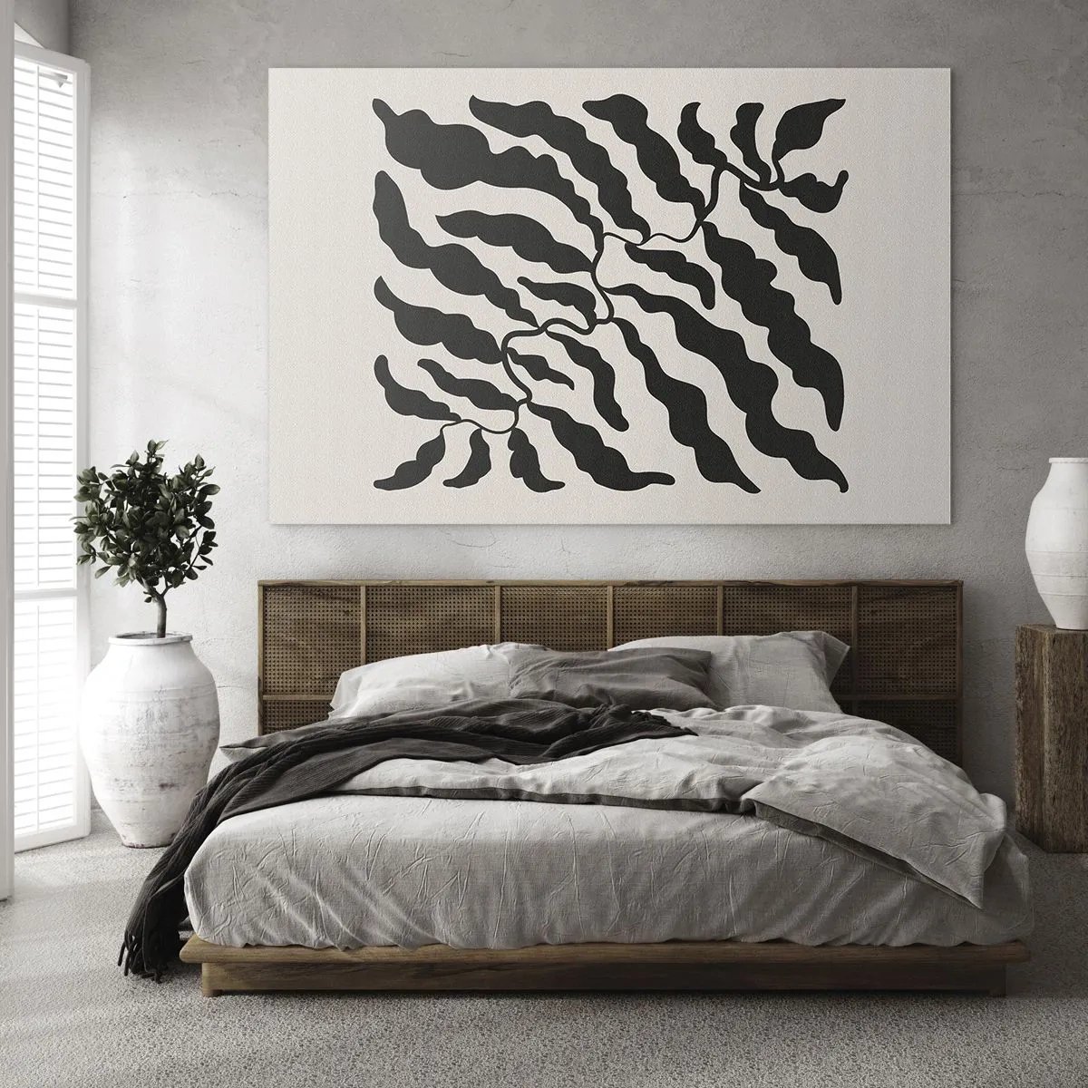 Glasbild - Bild auf glas - Botanisches Kunstwerk mit organischen schwarzen Blättern - 70x50cm - Natur des Quadrats - Moderne Wanddekoration für Wohnzimmer und Schlafzimmer ARTTOR
