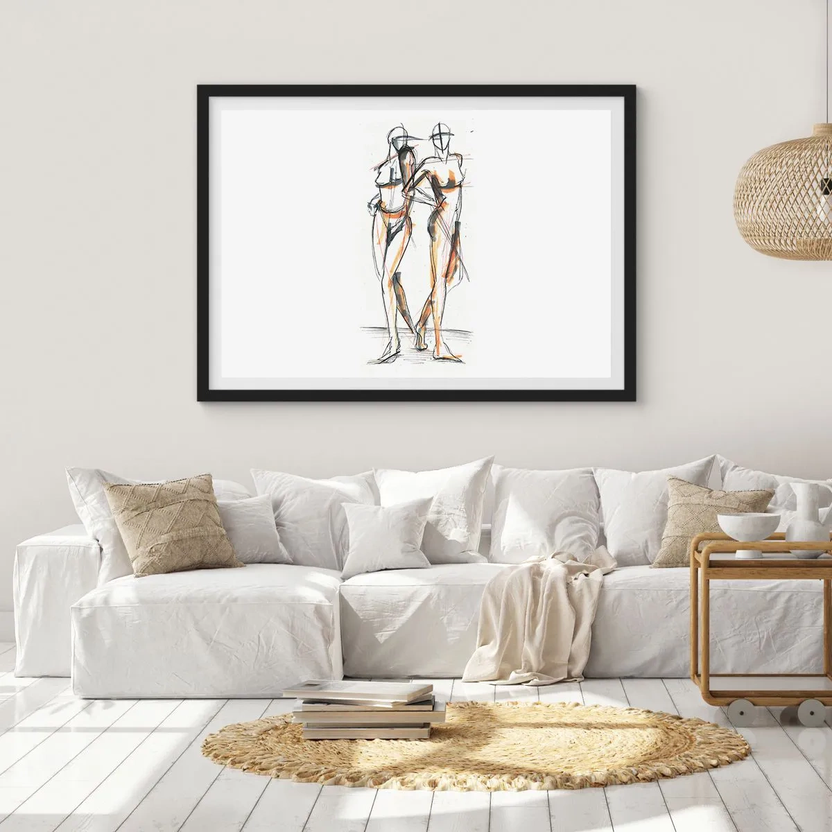 Poster in einem schwarzem Rahmen - Künstlerische Skizze von zwei Silhouetten auf weißem Hintergrund - 70x50cm - Studie der Gnade - Moderne Wanddekoration für Wohnzimmer und Schlafzimmer ARTTOR