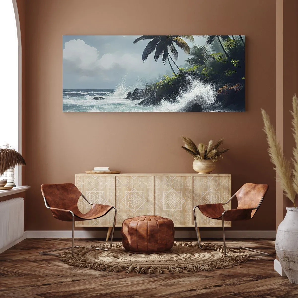 Bild auf Leinwand - Leinwandbild - Tropische Küste mit Palmen und rauer See - 140x50cm - Am tropischen Ufer - Moderne Wanddekoration für Wohnzimmer und Schlafzimmer ARTTOR