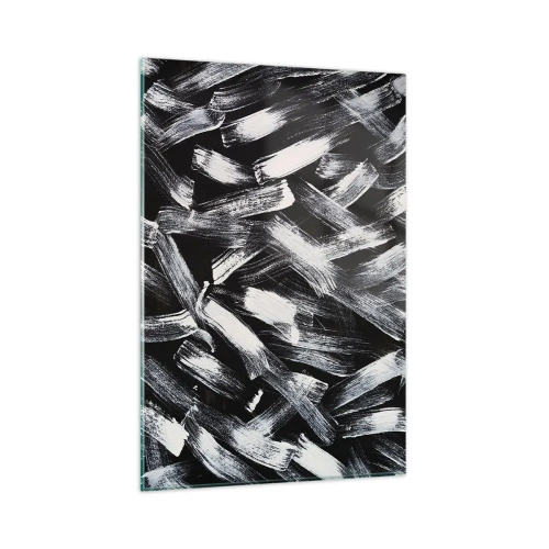Glasbild - Bild auf glas - Dynamische Abstraktion mit weißen Pinselstrichen auf schwarzem Hintergrund. - 80x120cm - Abstraktion im industriellen Geist - Moderne Wanddekoration für Wohnzimmer und Schlafzimmer ARTTOR