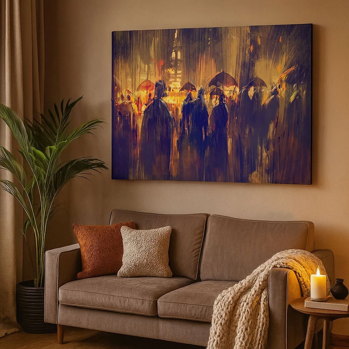 Bild auf Leinwand - Leinwandbild - Figuren mit Regenschirmen in einer verregneten Stadt bei Nacht - 70x50cm - Anhänger des Regens - Moderne Wanddekoration für Wohnzimmer und Schlafzimmer ARTTOR