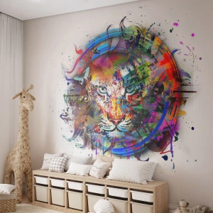 Fototapete Standard Eco - Bunte Abstraktion eines Tigers auf weißem Hintergrund - 100x70cm - Es lauert hinter einem Regenbogenschleier - Moderne Wanddekoration für Wohnzimmer und Schlafzimmer ARTTOR