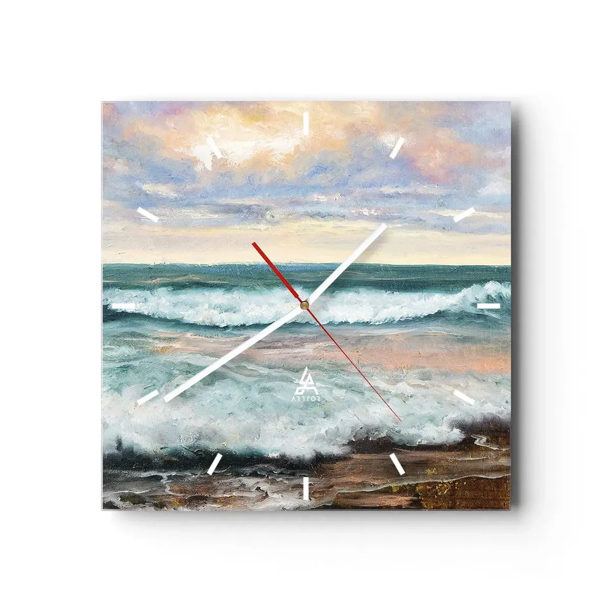 Wanduhr - Glasuhr - Meereswellen vor einem bewölkten Himmel bei Sonnenuntergang - 30x30cm - Hier werden Sie Ihre Seele baumeln lassen - Moderne Wanddekoration für Wohnzimmer und Schlafzimmer ARTTOR