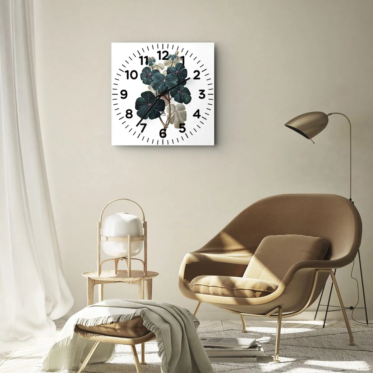 Wanduhr - Glasuhr - Botanische Illustration mit Blättern in Grün- und Beigetönen - 30x30cm - Aus dem alten Herbarium - Moderne Wanddekoration für Wohnzimmer und Schlafzimmer ARTTOR