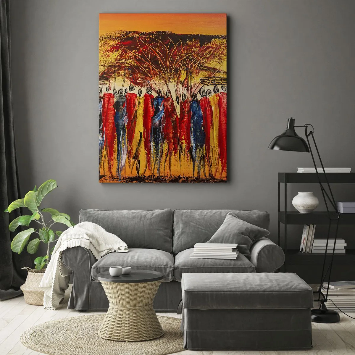 Bild auf Leinwand - Leinwandbild - Eine farbenfrohe Szene mit afrikanischen Figuren vor dem Hintergrund der untergehenden Sonne. - 80x120cm - Dort, dort, dort gehen sie - Moderne Wanddekoration für Wohnzimmer und Schlafzimmer ARTTOR