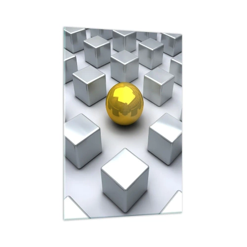 Glasbild - Bild auf glas - Eine goldene Kugel, die zwischen den silbernen Würfeln hervorsticht - 70x100cm - Warum ich? Geometrische Zusammensetzung - Moderne Wanddekoration für Wohnzimmer und Schlafzimmer ARTTOR