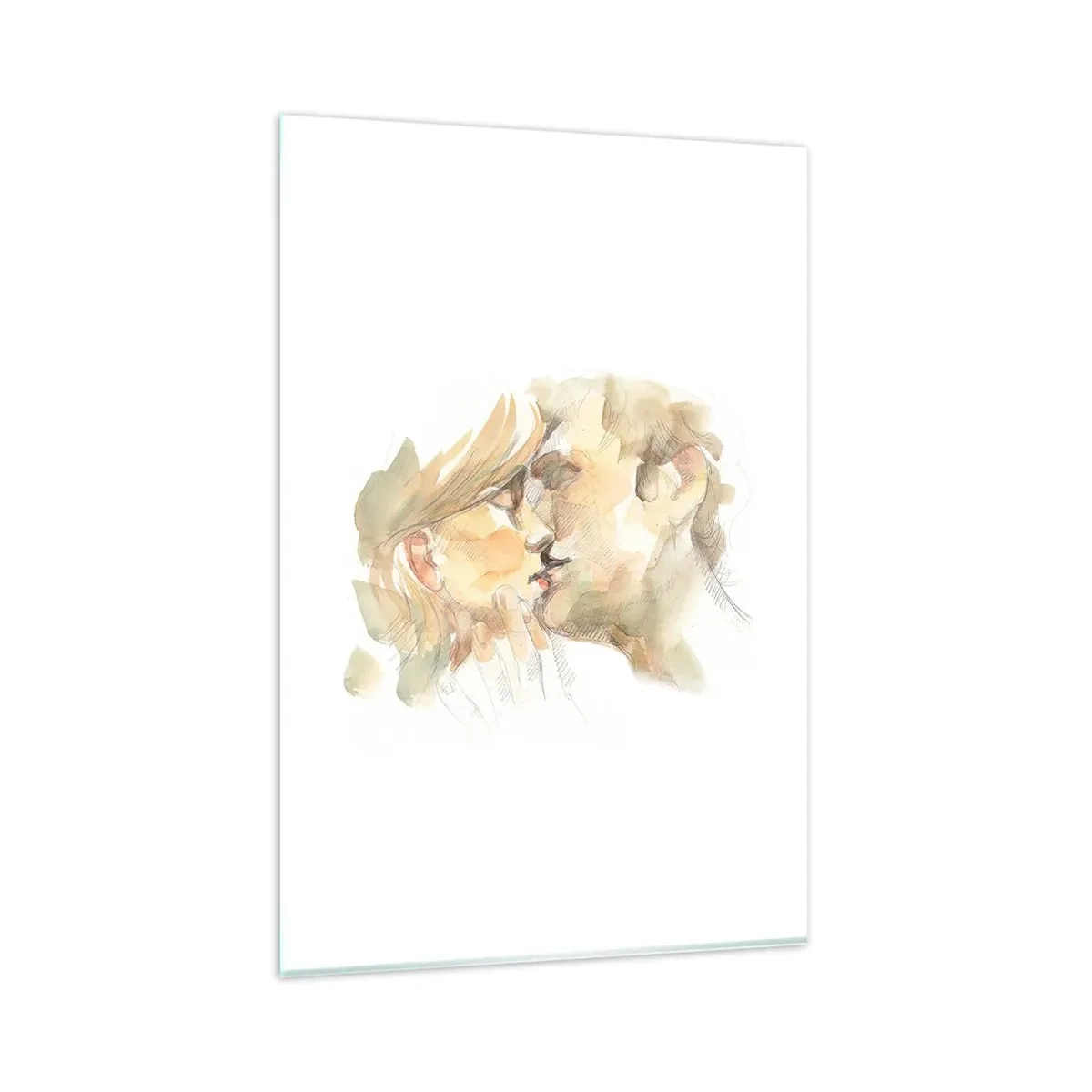 Glasbild - Bild auf glas - Romantisches Aquarellporträt eines sich küssenden Paares - 80x120cm - Hälfte gefunden? - Moderne Wanddekoration für Wohnzimmer und Schlafzimmer ARTTOR