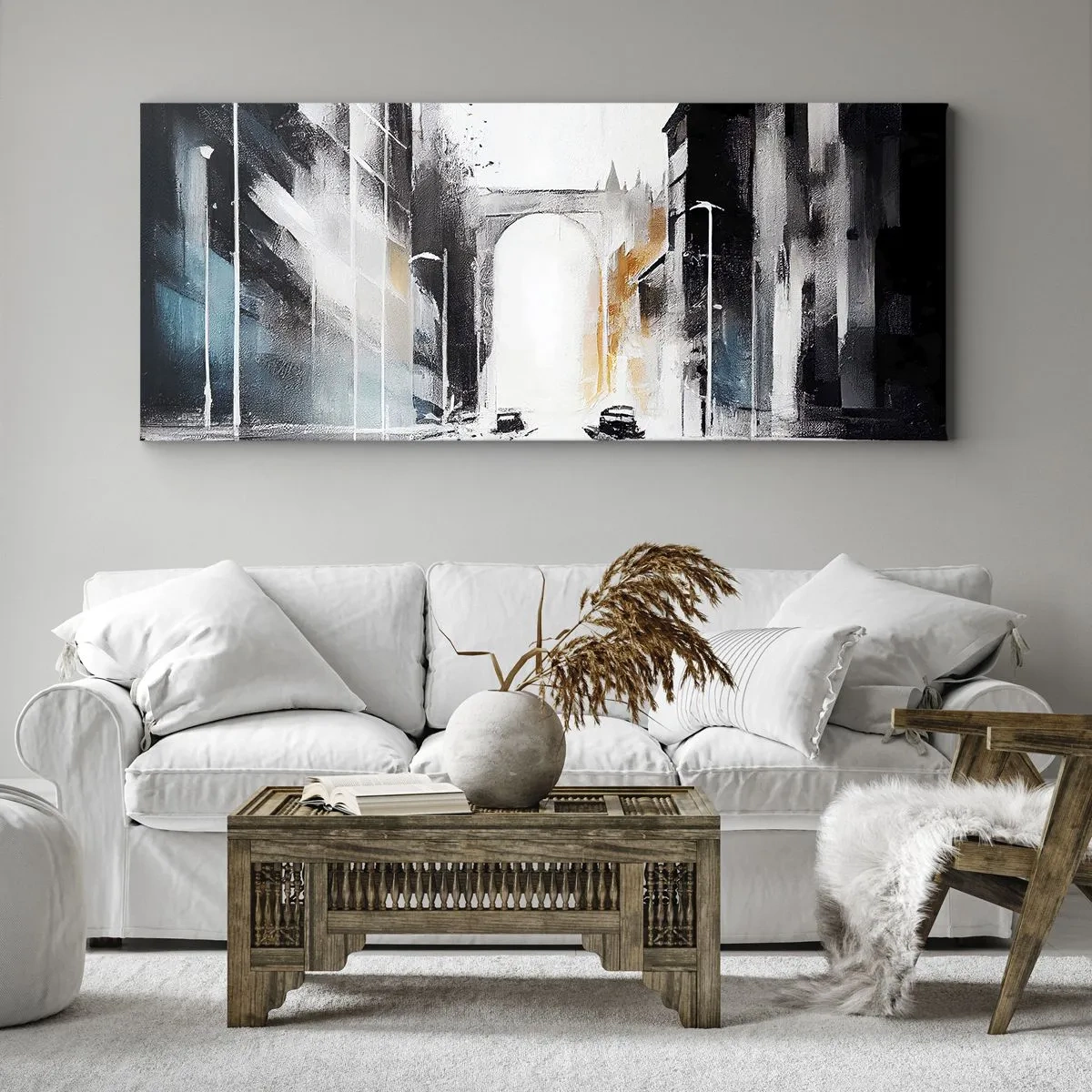 Bild auf Leinwand - Leinwandbild - Abstraktes Stadtpanorama mit einer Bogenbrücke - 160x50cm - Stadtstudie: Architektur und Bewegung - Moderne Wanddekoration für Wohnzimmer und Schlafzimmer ARTTOR