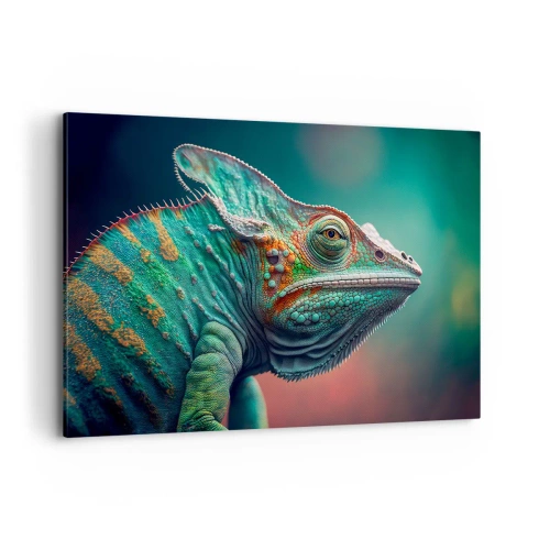 Bild auf Leinwand - Leinwandbild - Nahaufnahme eines Chamäleons in intensiven Farben - 100x70cm - Siehst du mich? Nicht gut… - Moderne Wanddekoration für Wohnzimmer und Schlafzimmer ARTTOR