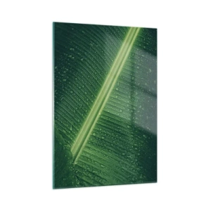 Glasbild - Bild auf glas - Nahaufnahme eines grünen Blattes mit Wassertropfen - 50x70cm - Die Struktur des Grüns - Moderne Wanddekoration für Wohnzimmer und Schlafzimmer ARTTOR