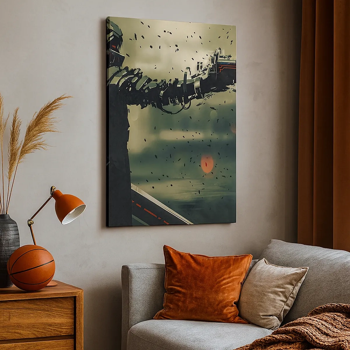 Bild auf Leinwand - Leinwandbild - Kybernetischer Krieger mit futuristischen Waffen - 50x70cm - Tödliche Waffe - Dein ganz eigener Terminator - Moderne Wanddekoration für Wohnzimmer und Schlafzimmer ARTTOR