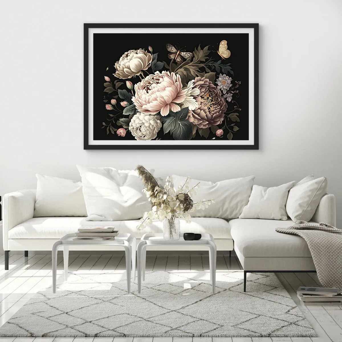 Poster in einem schwarzem Rahmen - Ein Strauß rosa Blumen und Schmetterlinge auf schwarzem Hintergrund - 70x50cm - Im Barockstil - Moderne Wanddekoration für Wohnzimmer und Schlafzimmer ARTTOR