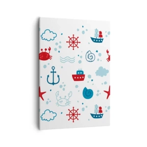 Bild auf Leinwand - Leinwandbild - Nautisches Muster mit Ankern, Schiffen und Krabben - 50x70cm - Märchen vom Meer - Moderne Wanddekoration für Wohnzimmer und Schlafzimmer ARTTOR