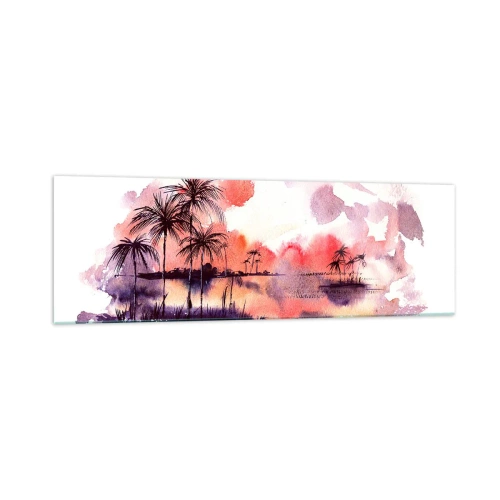 Glasbild - Bild auf glas - Tropische Landschaft mit Palmen bei Sonnenuntergang in Aquarell - 160x50cm - Die Ruhe der Tropen in Rot - Moderne Wanddekoration für Wohnzimmer und Schlafzimmer ARTTOR