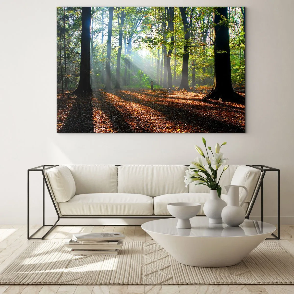 Glasbild - Bild auf glas - Ein Wald in den Strahlen der Sonne in einer Herbstlandschaft - 70x50cm - Licht und Schatten - Moderne Wanddekoration für Wohnzimmer und Schlafzimmer ARTTOR