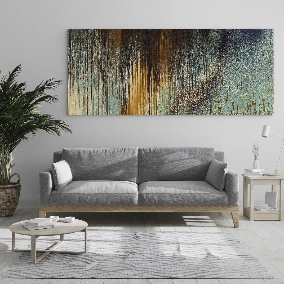 Glasbild - Bild auf glas - Eine abstrakte Farbkomposition in Gold-, Braun- und Blautönen. - 140x50cm - Eine nicht zufällige farbenfrohe Komposition - Moderne Wanddekoration für Wohnzimmer und Schlafzimmer ARTTOR