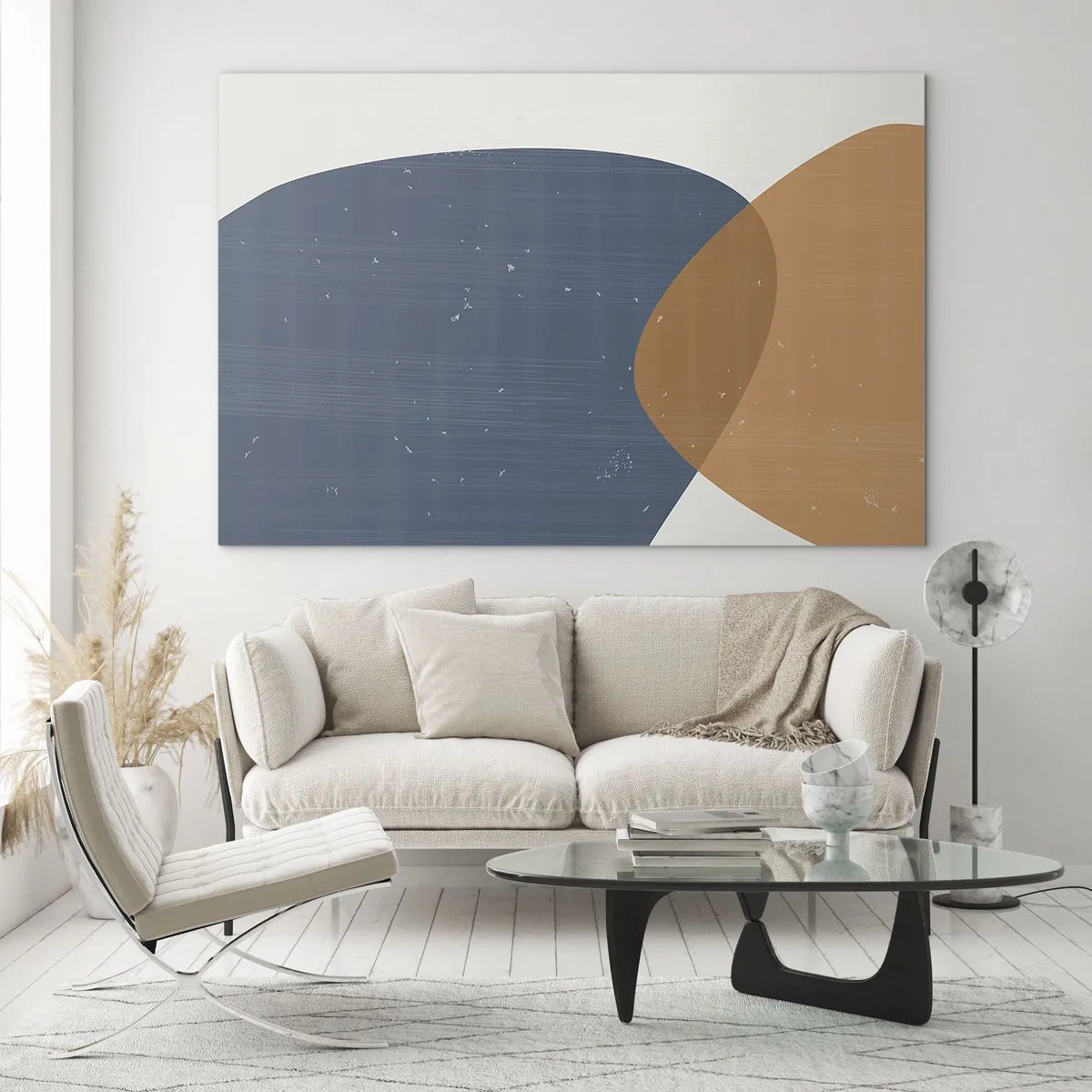 Glasbild - Bild auf glas - Geometrische Komposition mit marineblauen und beigen Ovalen - 100x70cm - Ovale und Einflüsse - Moderne Wanddekoration für Wohnzimmer und Schlafzimmer ARTTOR