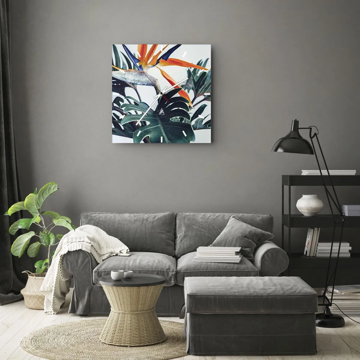 Wanduhr - Glasuhr - Strelitzia-Blüte, umgeben von Blättern in hellem Licht - 30x30cm - Vogelbusch - Moderne Wanddekoration für Wohnzimmer und Schlafzimmer ARTTOR