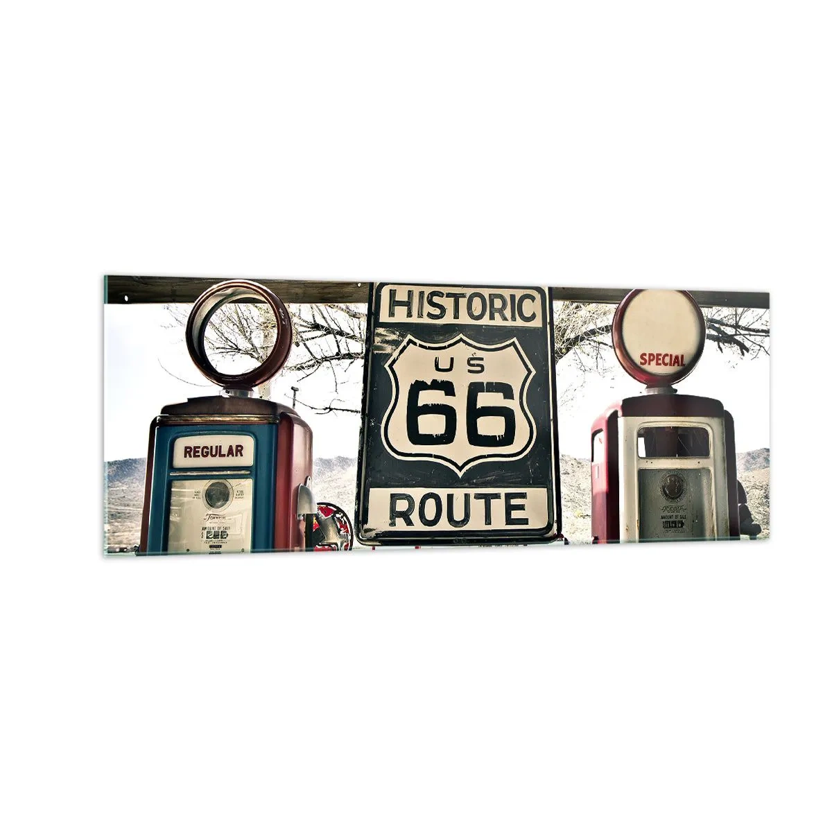 Glasbild - Bild auf glas - Historische Tankstelle an der Route 66 - 140x50cm - Amerikanische Retro-Reise - Moderne Wanddekoration für Wohnzimmer und Schlafzimmer ARTTOR