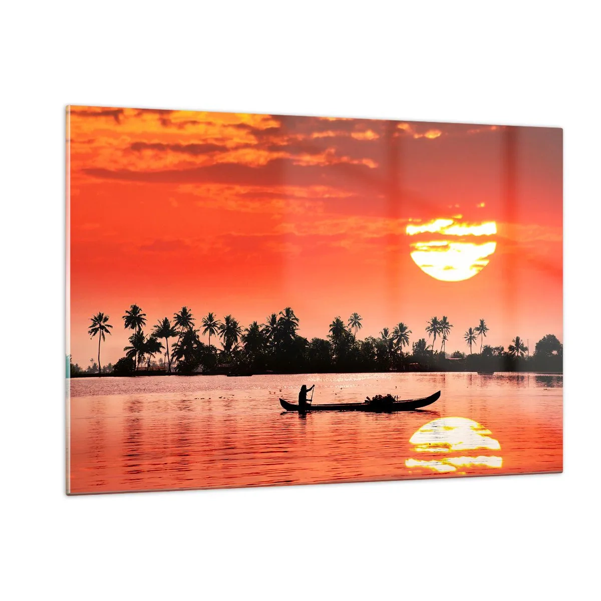 Glasbild - Bild auf glas - Sonnenuntergang über dem Fluss mit Palmen und einem Boot - 120x80cm - Die Ruhe der Tropen bei Sonnenuntergang - Moderne Wanddekoration für Wohnzimmer und Schlafzimmer ARTTOR