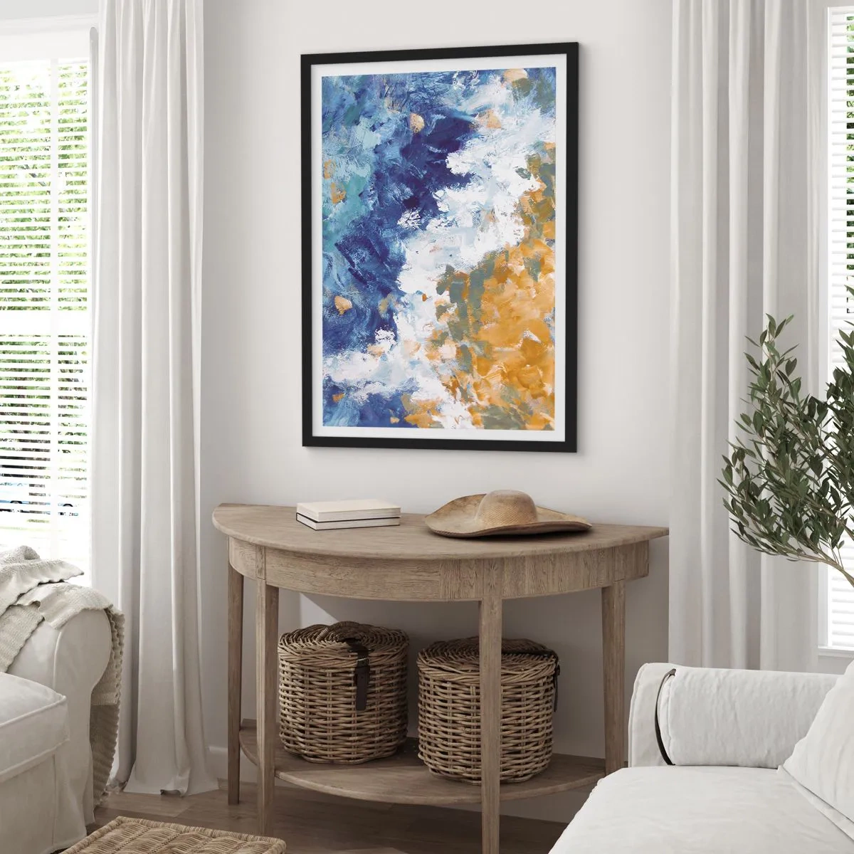 Poster in einem schwarzem Rahmen - Eine abstrakte Komposition in Blau-, Weiß- und Goldtönen. - 50x70cm - Tanz der Naturelemente - Moderne Wanddekoration für Wohnzimmer und Schlafzimmer ARTTOR