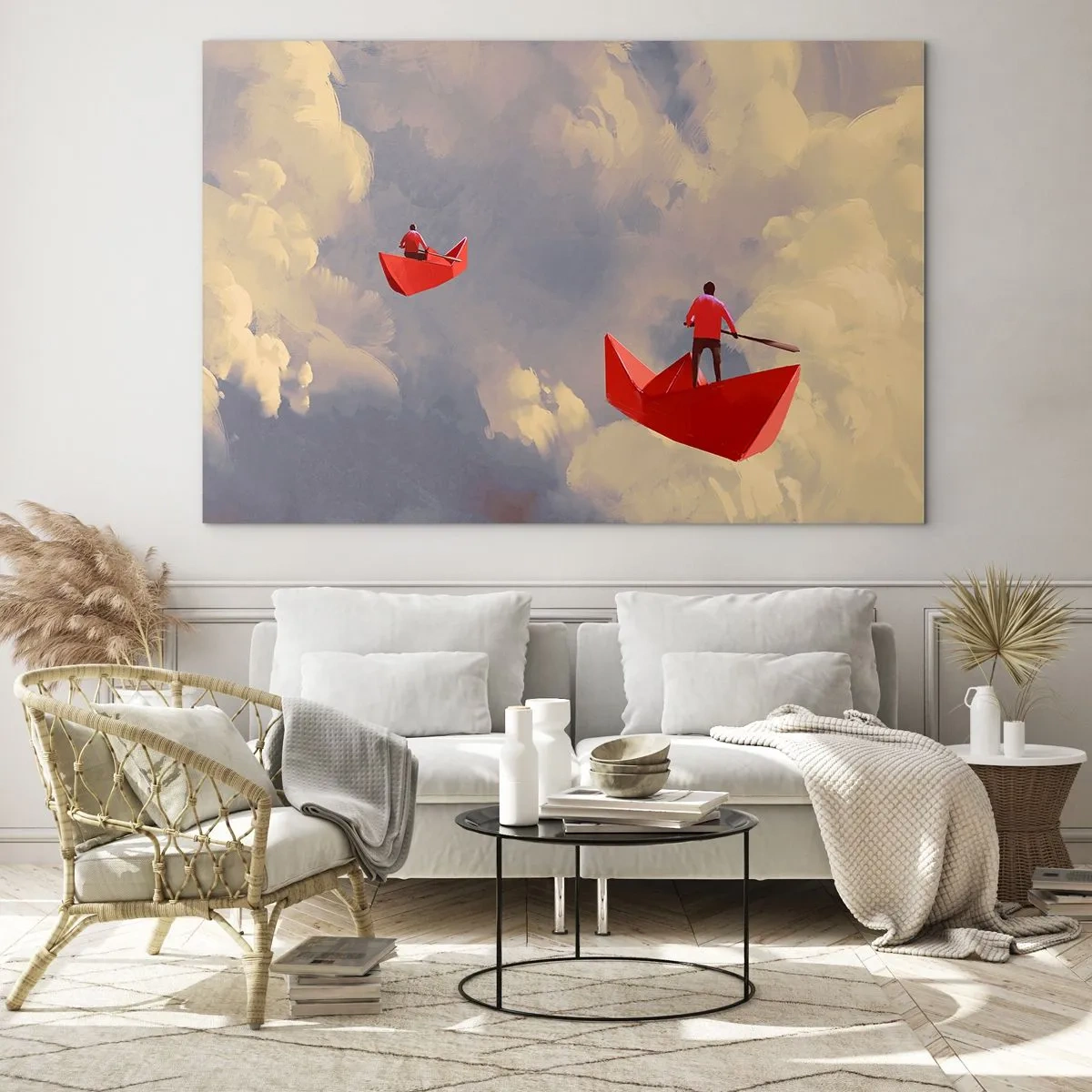 Glasbild - Bild auf glas - Zwei Menschen in roten Booten vor einem bewölkten Himmel - 70x50cm - Expedition der Träumer - Moderne Wanddekoration für Wohnzimmer und Schlafzimmer ARTTOR