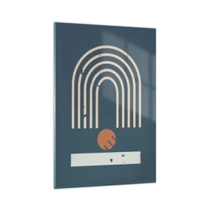 Glasbild - Bild auf glas - Geometrisches Muster in Marineblau-, Beige- und Orangetönen auf dunklem Hintergrund - 80x120cm - Geometrie auf dem Granatapfel - Moderne Wanddekoration für Wohnzimmer und Schlafzimmer ARTTOR