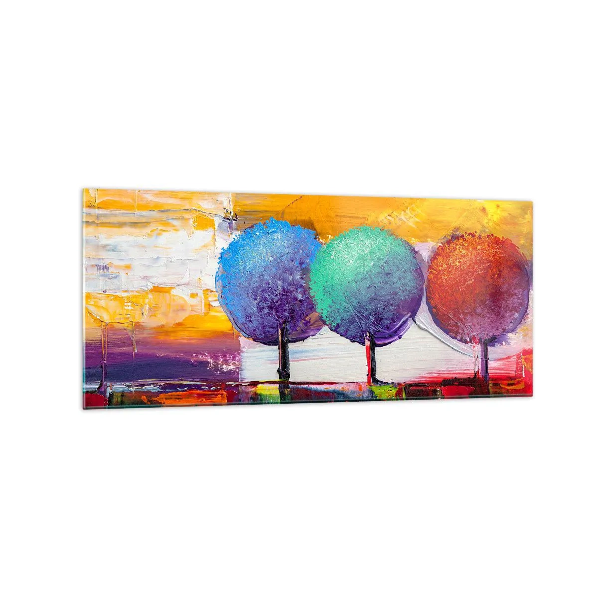 Glasbild - Bild auf glas - Drei bunte Bäume auf abstraktem Hintergrund - 120x50cm - Aller guten Dinge sind drei - Moderne Wanddekoration für Wohnzimmer und Schlafzimmer ARTTOR