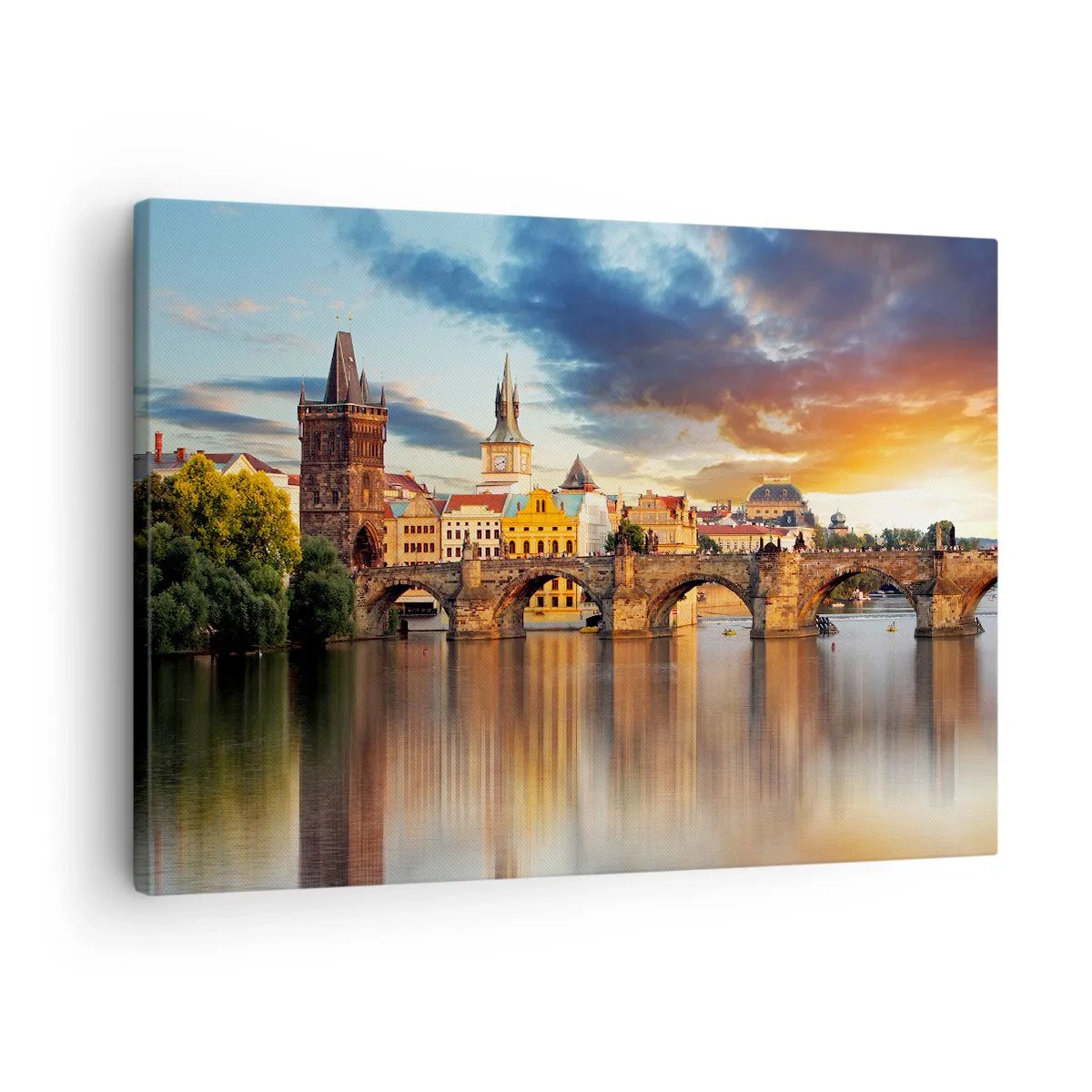 Bild auf Leinwand - Leinwandbild - Die historische Brücke über den Fluss im Licht der untergehenden Sonne - 70x50cm - Schön seit Ewigkeiten - Moderne Wanddekoration für Wohnzimmer und Schlafzimmer ARTTOR