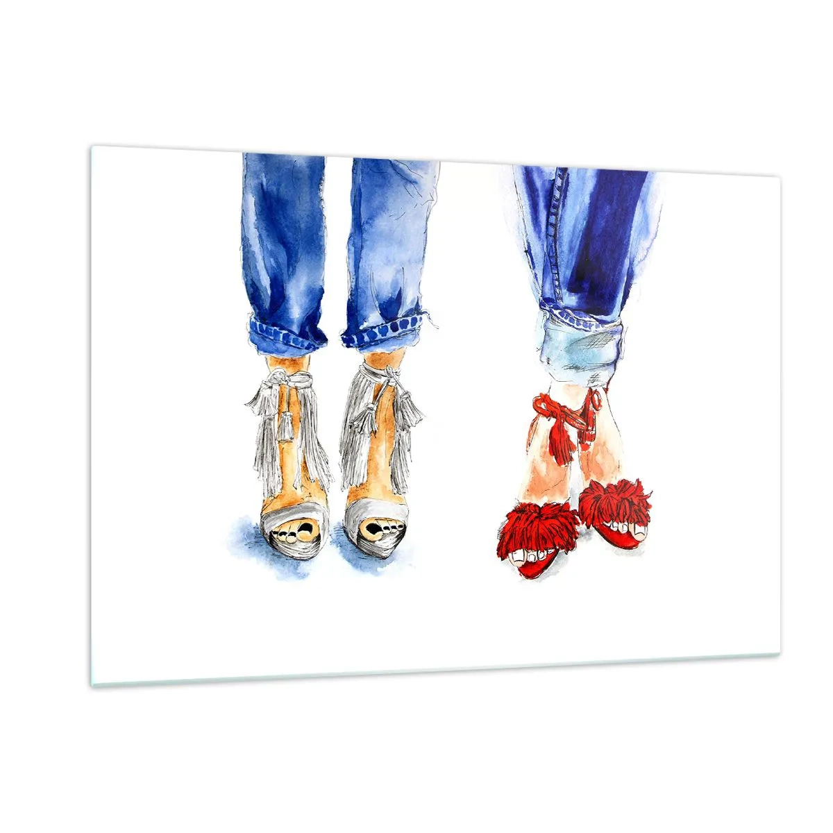Glasbild - Bild auf glas - Zwei stylische Schuhe vor dem Hintergrund von Jeans - 120x80cm - Vielleicht gehen wir spazieren? - Moderne Wanddekoration für Wohnzimmer und Schlafzimmer ARTTOR