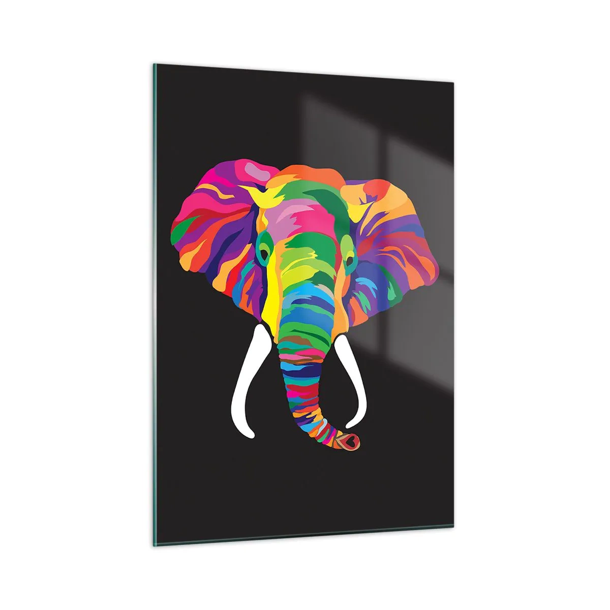 Glasbild - Bild auf glas - Ein bunter Elefant auf schwarzem Hintergrund im künstlerischen Stil - 50x70cm - Der Elefant, der es liebte, im Regenbogen zu baden - Moderne Wanddekoration für Wohnzimmer und Schlafzimmer ARTTOR
