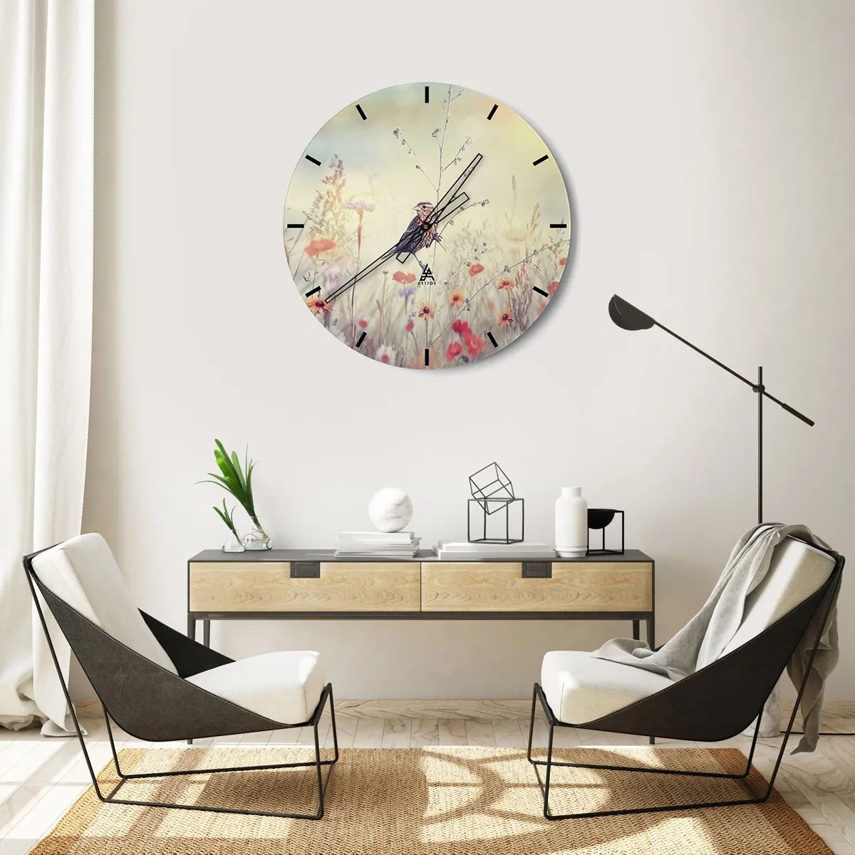 Wanduhr - Glasuhr - Ein Vogel zwischen Wildblumen in zarten Pastelltönen - 30x30cm - Vogelporträt mit einer Wiese im Hintergrund - Moderne Wanddekoration für Wohnzimmer, Küche und Schlafzimmer ARTTOR