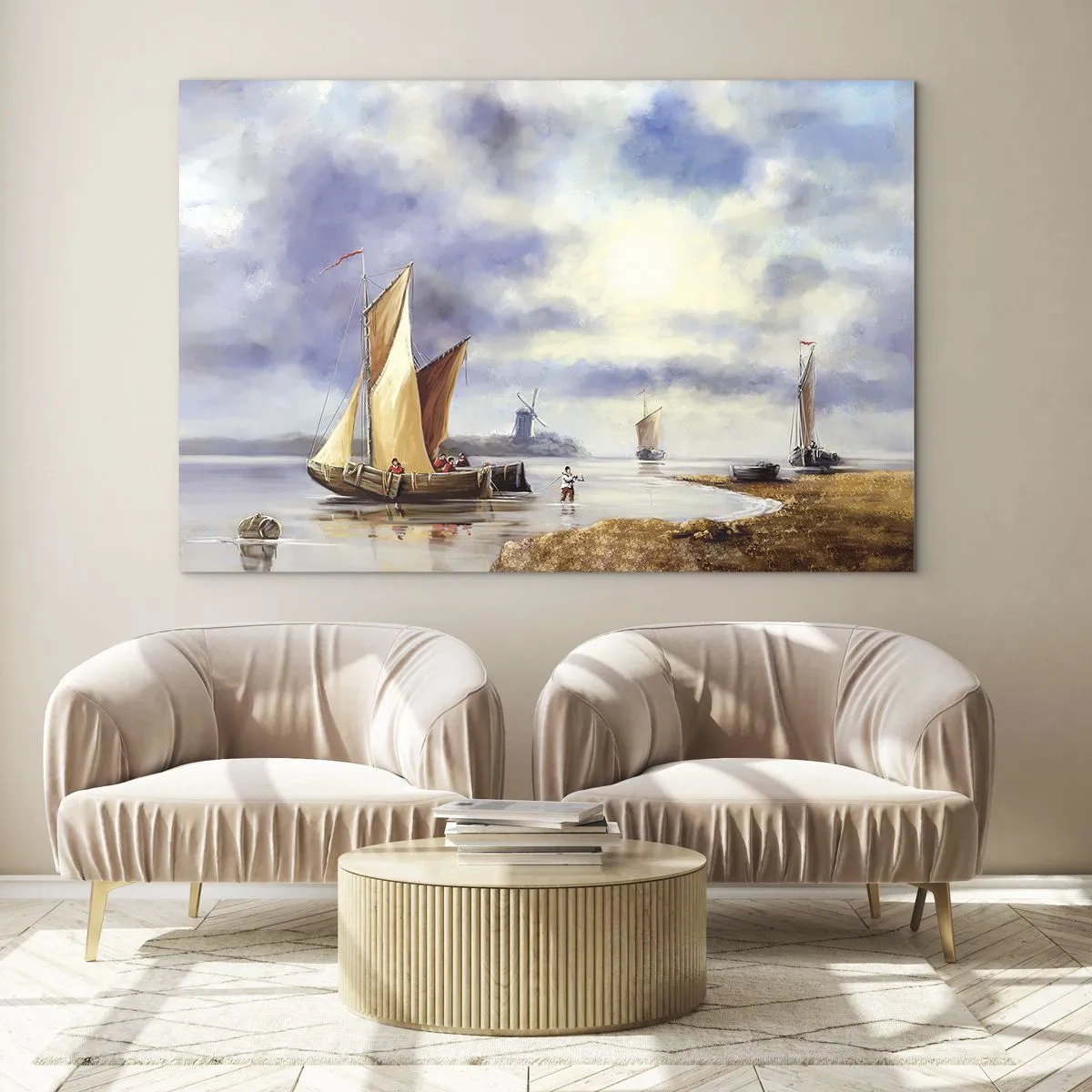 Glasbild - Bild auf glas - Segelboote auf einem ruhigen See mit Windmühlen im Hintergrund - 70x50cm - Die Rückkehr der Seeleute - Moderne Wanddekoration für Wohnzimmer und Schlafzimmer ARTTOR