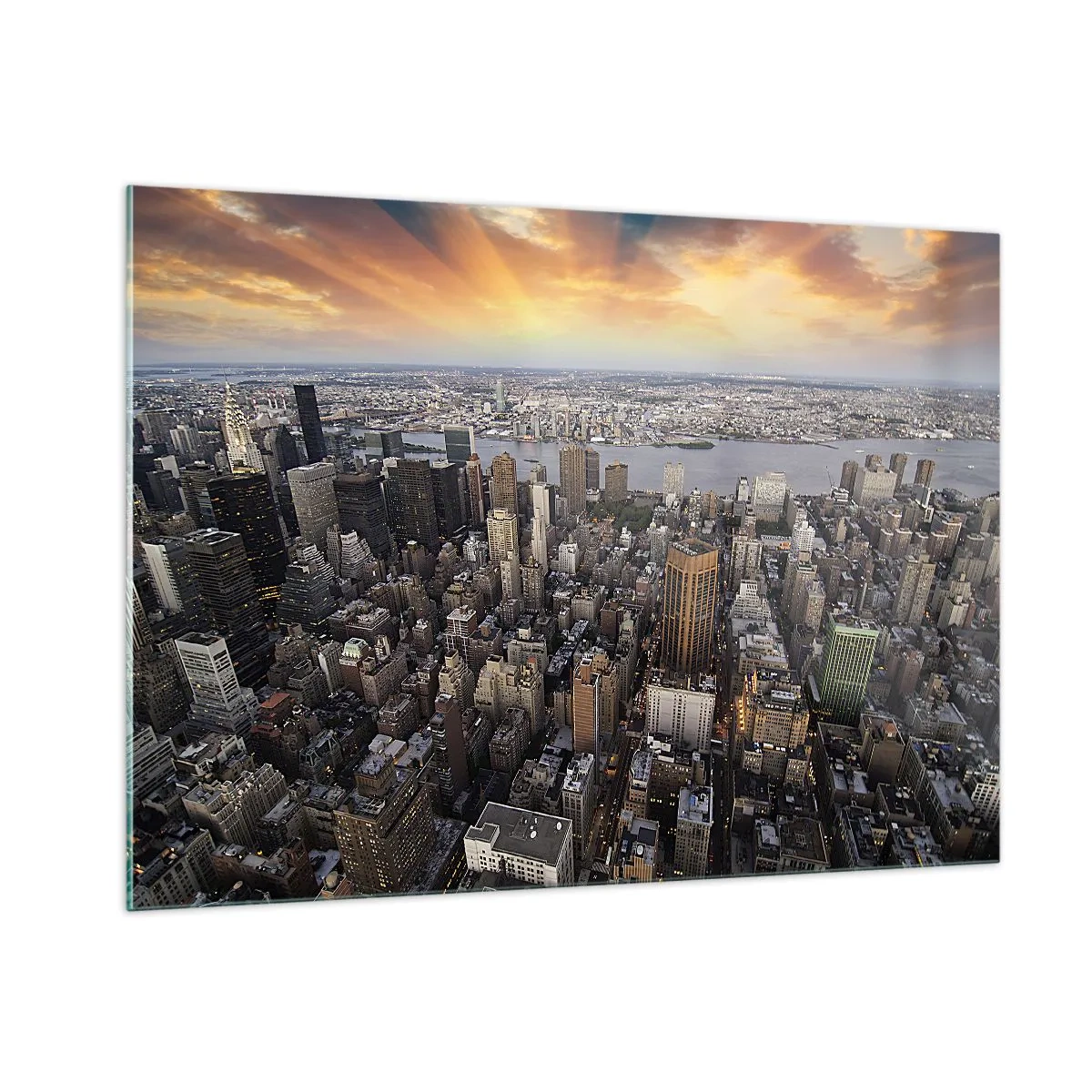 Glasbild - Bild auf glas - Stadtpanorama mit Blick auf Wolkenkratzer bei Sonnenuntergang - 100x70cm - Das schlagende Herz unserer Zeit - Moderne Wanddekoration für Wohnzimmer und Schlafzimmer ARTTOR