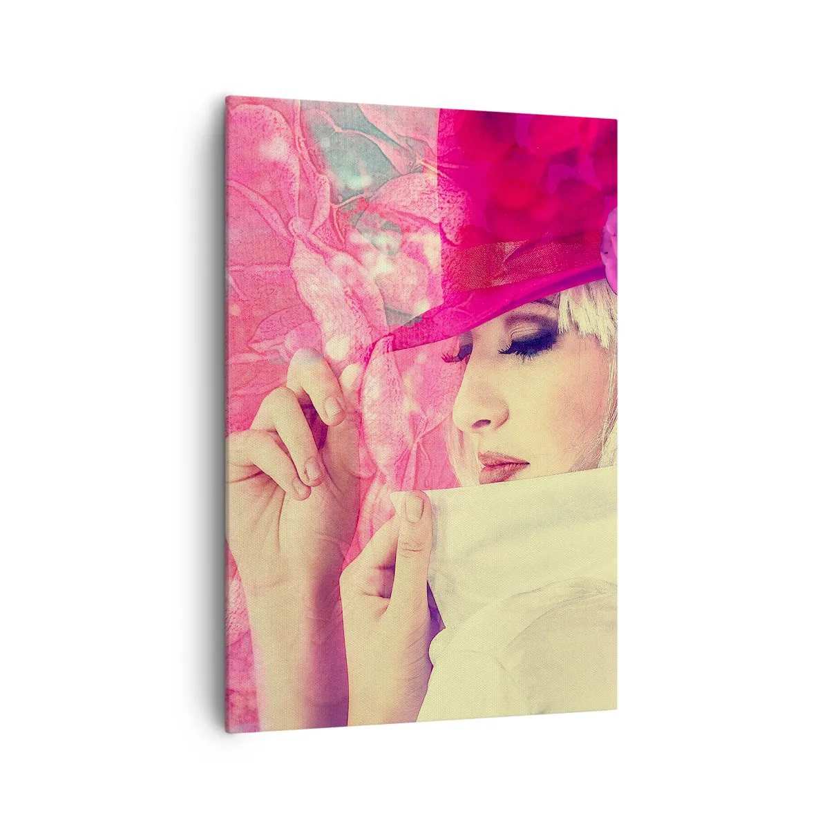 Bild auf Leinwand - Leinwandbild - Stilvolle Frau mit rosa Hut und Blume - 70x100cm - Retro-Porträt in einem rosa Nebel - Moderne Wanddekoration für Wohnzimmer und Schlafzimmer ARTTOR