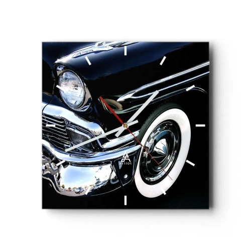 Wanduhr - Glasuhr - Schwarzer Oldtimer, Nahaufnahme von Scheinwerfer und Kotflügel - 30x30cm - Klassiker in Silber, Schwarz und Weiß - Moderne Wanddekoration für Wohnzimmer und Schlafzimmer ARTTOR