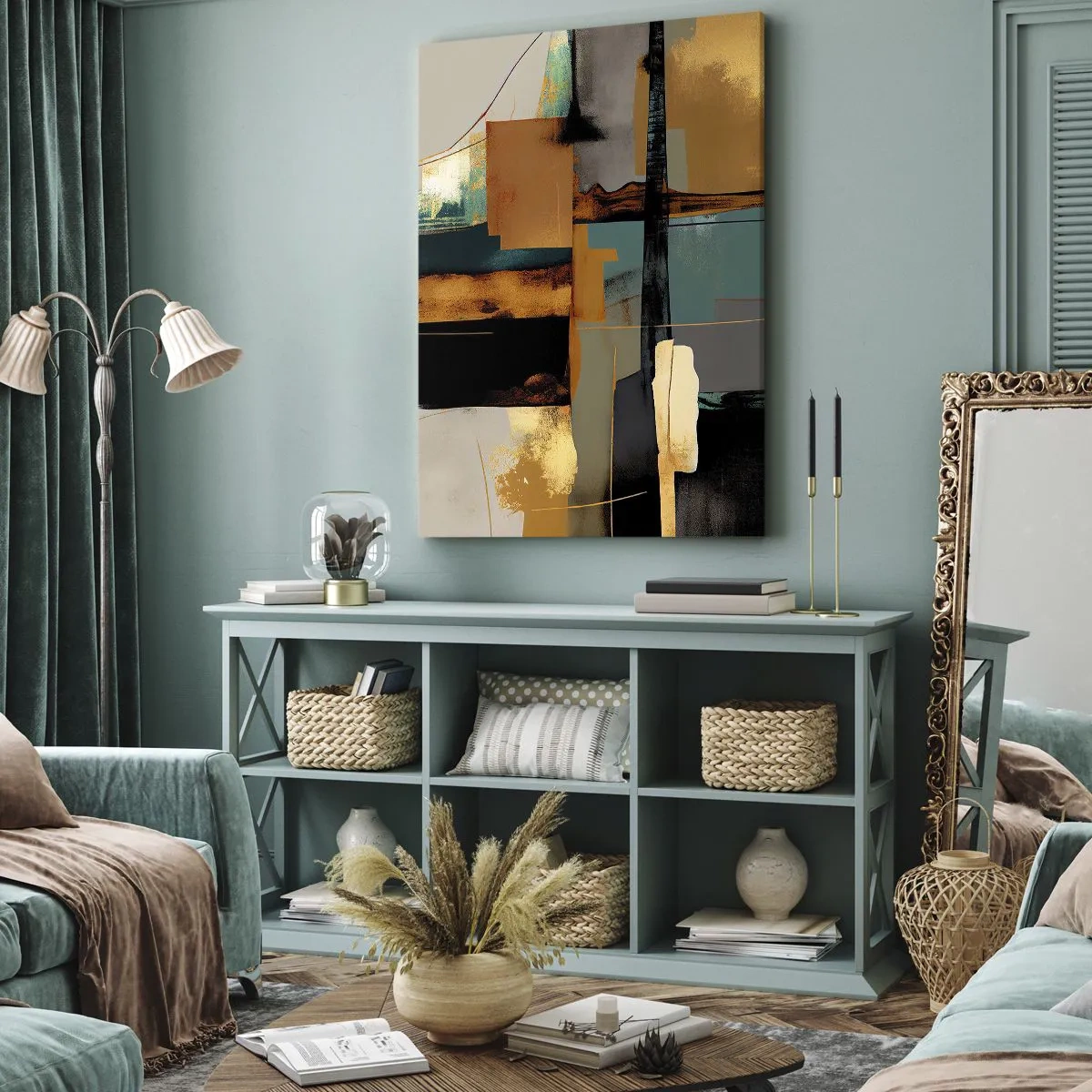 Bild auf Leinwand - Leinwandbild - Abstrakte Komposition mit goldenen und türkisfarbenen Elementen - 70x100cm - Abstraktion – Licht und Schatten - Moderne Wanddekoration für Wohnzimmer und Schlafzimmer ARTTOR