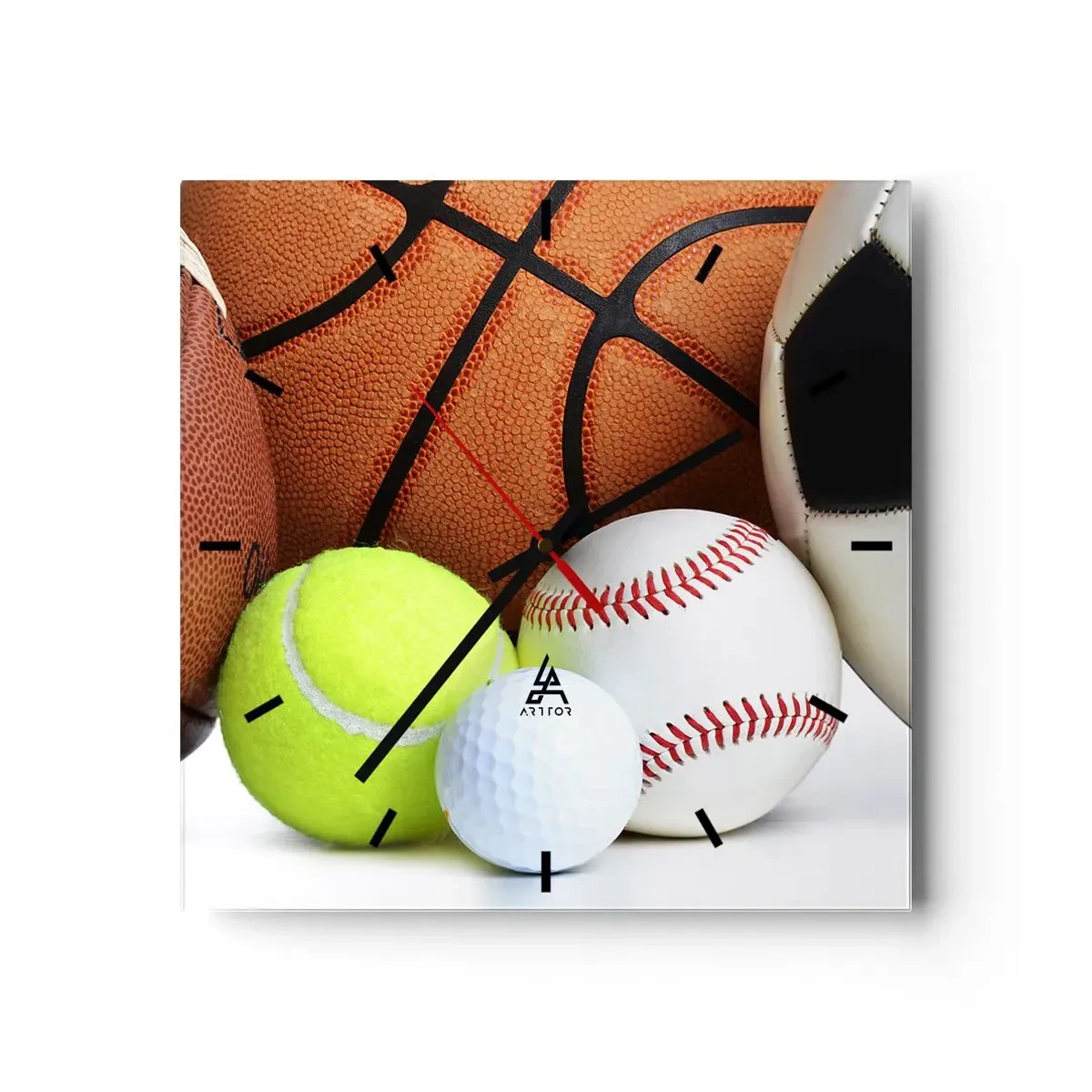 Wanduhr - Glasuhr - Bälle verschiedener Sportarten - 30x30cm - Fußball verbindet uns! - Moderne Wanddekoration für Wohnzimmer und Schlafzimmer ARTTOR