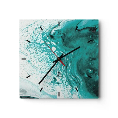 Wanduhr - Glasuhr - Abstrakte Komposition in Türkistönen auf weißem Hintergrund - 30x30cm - Verschmelzen in Weiß und Türkis - Moderne Wanddekoration für Wohnzimmer und Schlafzimmer ARTTOR