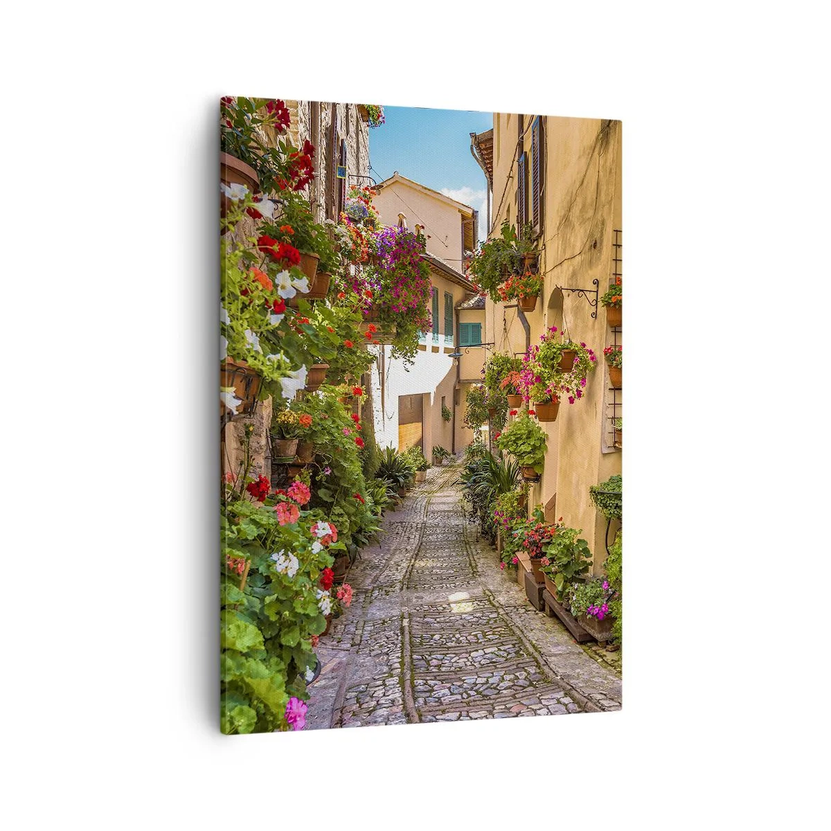 Bild auf Leinwand - Leinwandbild - Eine bezaubernde Straße voller Blumen und Blumentöpfe - 50x70cm - Italienische Gasse - Moderne Wanddekoration für Wohnzimmer und Schlafzimmer ARTTOR