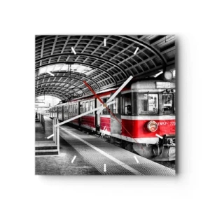 Wanduhr - Glasuhr - Roter Zug am Bahnhof unter einem Dach - 30x30cm - Vielleicht ist es eine Reise Ihres Lebens? - Moderne Wanddekoration für Wohnzimmer und Schlafzimmer ARTTOR